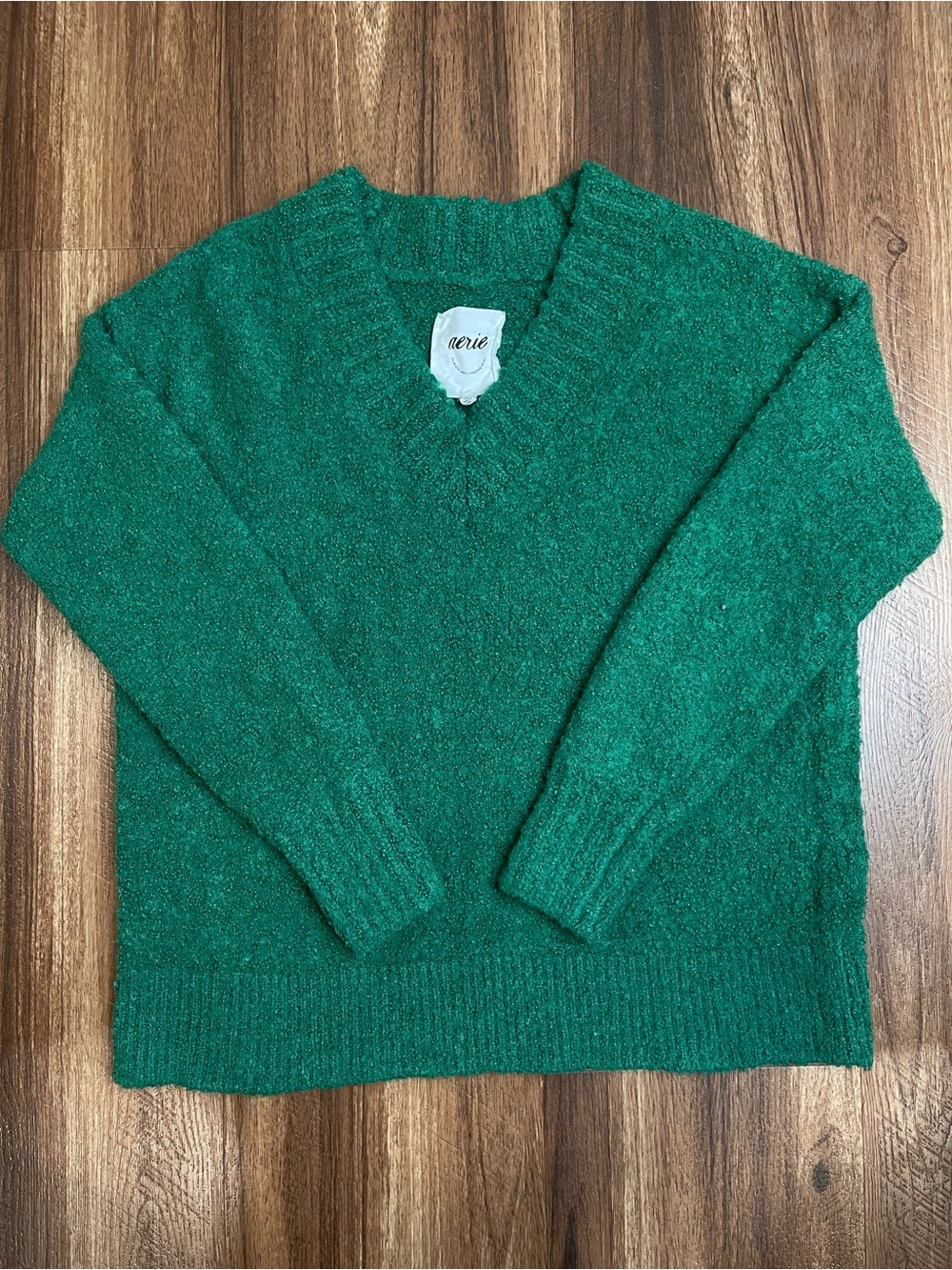 Aerie V-Neck Boucle Sweater Size XS Green Fuzzy